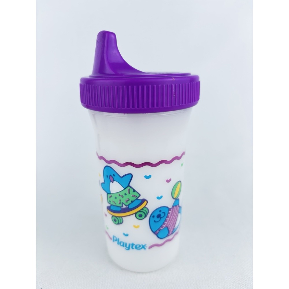 Vintage Playtex Sippy Cup 90s Penguin Skateboard Pink Lid Baby Cup W/valve